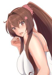 Rule 34 | 1girl, alternate costume, baji toufuu (bajitohfu), bare shoulders, breasts, brown eyes, brown hair, cherry blossoms, commentary, cropped, highres, kantai collection, large breasts, long hair, looking at viewer, open mouth, ponytail, simple background, solo, tank top, white tank top, yamato (kancolle)