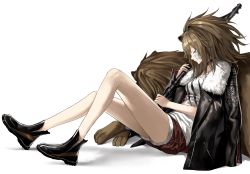 Rule 34 | 1girl, absurdres, animal, animal ears, arknights, b.b., bad id, bad pixiv id, bandaid, bandaid on cheek, bandaid on face, bare legs, black footwear, black jacket, boots, breasts, brown hair, cutoffs, closed eyes, from side, fur trim, hammer, highres, holding, jacket, jacket on shoulders, knees up, lion, lion ears, medium breasts, ponytail, red shorts, shadow, shirt, short shorts, shorts, siege (arknights), simple background, sitting, solo, thighs, weapon, white background, white shirt