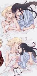 Rule 34 | ..., 2girls, arm around neck, black hair, blonde hair, blue shirt, blush, closed eyes, closed mouth, collared shirt, commentary, cuddling, from above, hand under clothes, hand under shirt, highres, inoue takina, jewelry, koyomania, long hair, long sleeves, lycoris recoil, medium hair, multiple girls, necklace, nishikigi chisato, on bed, parted lips, pink tank top, shirt, sleeping, spoken ellipsis, sweatdrop, tank top, under covers, yuri, zzz