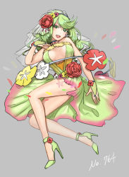 Rule 34 | 1girl, breasts, collar, comfey, creatures (company), dress, flower, game freak, gen 7 pokemon, green eyes, green hair, hair flower, hair ornament, itsuya (yakitori), legs, lips, long hair, nintendo, open mouth, personification, pokedex number, pokemon, shoes, solo