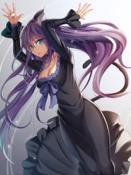 Rule 34 | 1girl, animal ears, arms up, artist name, black dress, blue eyes, breasts, cat ears, cat tail, choker, cleavage, cowboy shot, dress, frilled dress, frills, glasses, gradient background, grey background, long hair, long sleeves, looking at viewer, milcho, original, purple hair, signature, solo, tail, tsurime, very long hair, wide sleeves