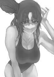 Rule 34 | 1girl, adjusting hair, bare shoulders, breasts, cleavage, collarbone, fate/grand order, fate (series), gluteal fold, greyscale, highres, large breasts, leaning forward, long hair, looking at viewer, monochrome, one-piece swimsuit, simple background, solo, sweat, swimsuit, taira no kagekiyo (fate), thigh gap, tonko from, tsurime, ushiwakamaru (fate), white background