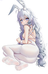 Rule 34 | 1girl, absurdres, animal ears, ass, azur lane, back, blue eyes, blush, braid, braided ponytail, breasts, buko (bukosuki), closed mouth, fake animal ears, feet, foot focus, foreshortening, highres, le malin (azur lane), le malin (listless lapin) (azur lane), leotard, long hair, looking at viewer, looking to the side, medium breasts, no shoes, official alternate costume, on floor, pantyhose, playboy bunny, rabbit ears, sideboob, silver hair, soles, solo, star-shaped pupils, star (symbol), symbol-shaped pupils, thighs, toes, white background, white pantyhose