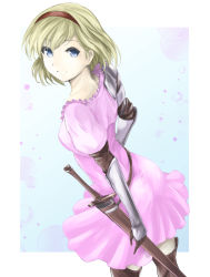 Rule 34 | 10s, 1girl, arched back, armor, blonde hair, blue background, blue eyes, boots, bubble, djeeta (granblue fantasy), dress, fighter (granblue fantasy), from side, gauntlets, gradient background, granblue fantasy, hairband, kz nagomiya, leaning forward, looking at viewer, looking back, pauldrons, pink dress, sheath, sheathed, short hair, shoulder armor, smile, solo, sword, thigh boots, thighhighs, weapon, zeta (granblue fantasy)