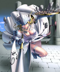 Rule 34 | 1girl, aiming, aiming at viewer, armor, armored dress, blonde hair, blue eyes, breasts, cleavage, cobblestone, dress, female focus, gauntlets, helmet, highres, kouno (masao), large breasts, looking at viewer, metal gloves, original, panties, pantyshot, pillar, polearm, shield, solo, spear, standing, thigh strap, thighs, tile floor, tiles, underwear, valkyrie, weapon, white dress, white panties, wind, wind lift