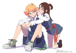 Rule 34 | 2girls, amanda o&#039;neill, arikindows10, arms on knees, belt, bike shorts, blue sash, brown hair, buttons, closed mouth, collared shirt, covering own mouth, dress, full body, green eyes, hand up, kagari atsuko, kneehighs, kneeling, knees up, light blush, little witch academia, loafers, long sleeves, luna nova school uniform, medium hair, multicolored hair, multiple girls, orange hair, ponytail, red eyes, red hair, sash, school uniform, shadow, shirt, shoes, short dress, short hair, short ponytail, shorts, shorts under skirt, simple background, sitting, smirk, sneakers, socks, two-tone hair, wand, whispering, white background, white shirt