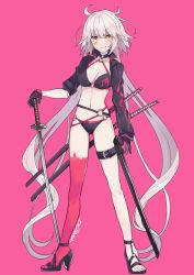 Rule 34 | 1girl, bikini, black bikini, black choker, black footwear, black gloves, black jacket, blush, breasts, choker, cleavage, closed mouth, commentary request, cropped jacket, fate/grand order, fate (series), full body, gloves, highres, holding, holding sword, holding weapon, jacket, jeanne d&#039;arc alter (fate), jeanne d&#039;arc alter (swimsuit berserker) (fate), katana, long hair, long sleeves, marueri, medium breasts, navel, o-ring, o-ring bikini, pink background, red thighhighs, sheath, sheathed, shrug (clothing), signature, simple background, single thighhigh, sleeves rolled up, smile, solo, stomach, strappy heels, swimsuit, sword, thighhighs, very long hair, weapon, white hair, yellow eyes