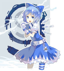 Rule 34 | 1girl, 77gl, alternate costume, belt, blue eyes, blue hair, bow, circled 9, cirno, electricity, electrokinesis, gloves, hat, highres, ice, matching hair/eyes, pyonta, socks, solo, striped clothes, striped socks, thighhighs, touhou, wings