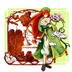 Rule 34 | 1girl, adapted costume, arm behind back, blue eyes, braid, chinese clothes, hand fan, folding fan, hair tubes, hat, hong meiling, koorogi (misstext), long hair, long sleeves, looking at viewer, red hair, shoes, shorts, smile, solo, star (symbol), touhou, very long hair, wide sleeves