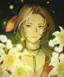 Rule 34 | 1girl, absurdres, aerith gainsborough, brown hair, choker, closed mouth, dress, final fantasy, final fantasy vii, final fantasy vii remake, flower, flower choker, green eyes, hair ribbon, highres, jacket, lily (flower), long hair, looking at viewer, muraicchi (momocchi), parted bangs, pink dress, pink ribbon, portrait, red jacket, ribbon, sidelocks, solo, square enix, upper body, wavy hair, yellow flower