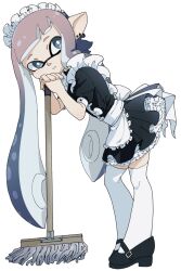 Rule 34 | 1girl, apron, black dress, black footwear, blue hair, brown hair, dress, earrings, frilled apron, frills, grey eyes, highres, inkling, inkling girl, inkling player character, jewelry, leaning on object, long hair, maid, maid apron, maid headdress, minato yodaka, mop, multicolored hair, nintendo, pointy ears, short sleeves, simple background, solo, solo focus, splatoon (series), splatoon 1, splatoon 2, splatoon 3, suction cups, tentacle hair, thighhighs, waist apron, white apron, white background