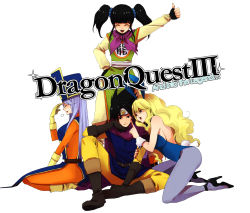 Rule 34 | 1boy, 3girls, animal ears, black hair, blonde hair, blush, bodysuit, boots, chunsoft, closed eyes, copyright name, dragon quest, dragon quest iii, enix, fake animal ears, fighter (dq3), fingerless gloves, gloves, hat, hidaka ryou, high heels, highres, jester (dq3), leotard, long hair, mitre, multiple girls, pantyhose, playboy bunny, priest (dq3), purple hair, rabbit ears, roto (dq3), shoes, short twintails, smile, tabard, thumbs up, twintails