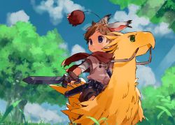 Rule 34 | 1boy, animal ears, blue eyes, blue sky, brown hair, closed mouth, cloud, cloudy sky, commentary, feathers, green eyes, highres, light rays, looking to the side, nemui (nemuriyagi), original, outdoors, rabbit ears, scarf, sky, solo focus, sunbeam, sunlight, sword, sword hilt, tree, weapon, yellow feathers