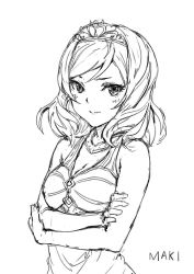 Rule 34 | 1girl, bare arms, bare shoulders, breasts, character name, cleavage, closed mouth, crossed arms, crown, greyscale, haoni, looking at viewer, love live!, love live! school idol project, monochrome, nishikino maki, short hair, simple background, sketch, solo, upper body, white background