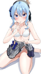 Rule 34 | 1girl, absurdres, bare shoulders, barefoot, beret, bikini, blue eyes, blue hair, blue ribbon, blush, breasts, cleavage, closed mouth, clothes lift, collarbone, commentary, crown, frilled skirt, frills, gachi mouchou, grey hat, grey skirt, hair between eyes, hair ribbon, hat, highres, hololive, hoshimachi suisei, hoshimachi suisei (1st costume), index finger raised, lifting own clothes, medium hair, plaid, plaid headwear, plaid skirt, pleated skirt, ribbon, side ponytail, skirt, skirt lift, small breasts, solo, star (symbol), star in eye, swimsuit, swimsuit under clothes, symbol in eye, virtual youtuber, white background, white bikini