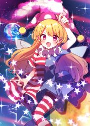 Rule 34 | 1girl, american flag dress, american flag legwear, arm up, blonde hair, blush, clownpiece, dress, earth (planet), fairy, fairy wings, feet out of frame, fingernails, hair between eyes, hat, highres, holding, holding torch, jester cap, long hair, moon, moshihimechan, open mouth, pantyhose, pink eyes, pink hat, planet, polka dot, polka dot headwear, smile, solo, star (symbol), star print, striped clothes, striped dress, striped pantyhose, torch, touhou, wings