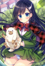 Rule 34 | 1girl, absurdres, animal, black hair, blue eyes, blush, bow, breasts, burn the witch, closed mouth, commentary request, day, dog, gluteal fold, green jacket, green skirt, highres, holding, holding animal, jacket, kouta., long hair, looking at viewer, medium breasts, niihashi noel, osushi-chan, outdoors, panties, plaid, plaid scarf, pleated skirt, red bow, red scarf, scarf, shirt, skirt, solo, underwear, very long hair, white panties, white shirt