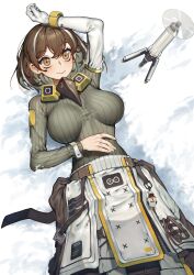 Rule 34 | 1girl, arknights, arm up, bird mask, breasts, brown hair, drone, elbow gloves, fingernails, gloves, highres, impossible clothes, impossible shirt, large breasts, long sleeves, looking at viewer, magallan (arknights), mask, mask around neck, multicolored hair, mwomwomwo, on ground, rhine lab logo, shirt, short hair, single glove, smile, snow, solo, streaked hair, tripod, white gloves, white hair, yellow eyes