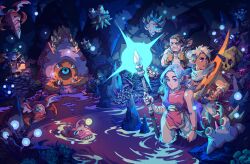 Rule 34 | 1girl, 2boys, absurdres, backpack, bag, blue hair, cave, crab, fish, highres, monster, multiple boys, official art, partially submerged, sea of stars, valere, wading, walking, weapon