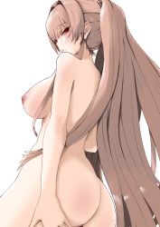 Rule 34 | 1girl, absurdres, ass, azur lane, bad id, bad pixiv id, breasts, brown hair, completely nude, hand on own ass, highres, large breasts, long hair, mole, mole under mouth, nipples, nude, p.i.t.d, ponytail, red eyes, sideboob, sidelocks, solo, swiftsure (azur lane), white background
