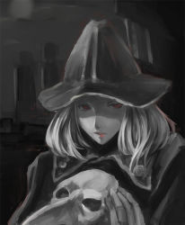 Rule 34 | 1girl, bloodborne, crowfeather set, eileen the crow, greyscale, hat, holding, holding mask, lips, mask, unworn mask, monochrome, parted lips, plague doctor, qi guan liuhe, red eyes, short hair, solo, spot color, upper body