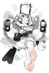 Rule 34 | absurdres, alchemy stars, barefoot, belt, belt pouch, black footwear, blue eyes, blush, coat, fur-trimmed coat, fur trim, grey hair, hat, highres, holding, holding shoes, id card, letter, licking lips, long bangs, long hair, low-tied long hair, menthako, multicolored hair, multiple belts, pouch, shako cap, shoes, shorts, smile, snowman, soles, stirrup legwear, streaked hair, thighhighs, toeless legwear, toes, tongue, tongue out, tweety (alchemy stars), twintails, unworn footwear, white hat, white shorts, white thighhighs