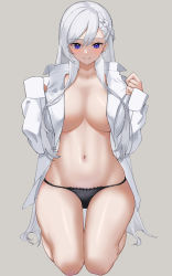 Rule 34 | 1girl, azur lane, bare legs, belfast (azur lane), black panties, blush, borrowed clothes, braid, breasts, cleavage, closed mouth, collarbone, collared shirt, french braid, grey background, hair between eyes, highres, kneeling, lace, lace-trimmed panties, lace trim, large breasts, long hair, long sleeves, looking at viewer, marumai, navel, no bra, open clothes, open shirt, paid reward available, panties, purple eyes, shirt, simple background, sitting, smile, solo, stomach, thighs, underwear, wariza, white hair, white shirt