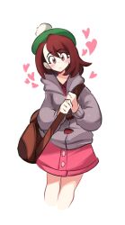 Rule 34 | 1girl, bag, blush, brown bag, brown eyes, brown hair, buttons, cardigan, closed mouth, collared dress, commentary, creatures (company), dress, game freak, gloria (pokemon), green hat, grey cardigan, hat, heart, highres, holding strap, hooded cardigan, looking at viewer, marnie (marnielovesyou), medium hair, nintendo, pink dress, pokemon, pokemon swsh, shoulder bag, simple background, solo, tam o&#039; shanter, white background
