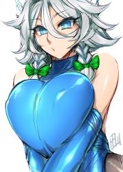 Rule 34 | 1girl, bare shoulders, blue eyes, bow, braid, breast press, breasts, covered collarbone, detached sleeves, green bow, hair between eyes, hair bow, highres, izayoi sakuya, large breasts, silver hair, skin tight, sleeveless, sleeveless turtleneck, solo, spiked hair, tajima yuuki, touhou, turtleneck, twin braids, upper body, v arms