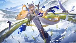 Rule 34 | 1girl, absurdres, arknights, artist name, bird, blue sky, chinese commentary, cloud, cloudy sky, commentary request, dragon girl, dragon horns, dragon tail, highres, horns, looking at viewer, multicolored hair, outstretched arm, rice, shu (arknights), sky, tail, terrace, water, xianyu liang