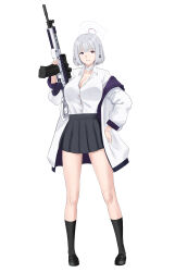 Rule 34 | 1girl, alternate costume, bandaged neck, bandages, black footwear, blue archive, breasts, choker, cleavage, clothes pull, crossover, cyka, duplicate, full body, girls&#039; frontline, grey skirt, gun, hair ornament, halo, hand on own hip, highres, hime cut, holding, holding gun, holding weapon, jacket, jacket pull, large breasts, light machine gun, long sleeves, looking at viewer, medium hair, open mouth, parody, pixel-perfect duplicate, pleated skirt, purple eyes, rpk-16, rpk-16 (girls&#039; frontline), shirt, skirt, smile, standing, weapon, white background, white hair, white jacket, white shirt