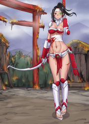 Rule 34 | 1girl, absurdres, armor, armored legwear, arrow (projectile), bad id, bad pixiv id, bandaged arm, bandages, banner, bikini armor, black eyes, black hair, blood, blood from mouth, blood on face, blood stain, bow (weapon), breasts, broken armor, character request, cleavage, command and conquer, fire, full body, gauntlets, green-tinted eyewear, groin, hand up, headband, highres, holding, holding bow (weapon), holding weapon, house, injury, japanese armor, kusazuri, long hair, medium breasts, midriff, mountainous horizon, navel, nipple slip, nipples, outdoors, parted bangs, pelvic curtain, ponytail, quiver, red alert 3, red armor, sandals, sashimono, scouter, shadow, shoulder armor, solo, standing, sweat, tinted eyewear, torii, torn clothes, visor (armor), weapon, white headband, white legwear, yeklsa