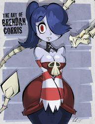 Rule 34 | 10s, 1girl, 2015, artist name, bare shoulders, blue hair, blue skin, breasts, breasts squeezed together, brendan corris, cleavage, colored skin, detached collar, detached sleeves, hair over one eye, leviathan (skullgirls), long hair, long skirt, narrow waist, red eyes, side ponytail, signature, simple background, skirt, skull, skullgirls, solo, squigly (skullgirls), stitched mouth, stitches, striped, striped sleeves, v arms, wide hips, zombie