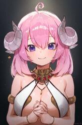 Rule 34 | 1girl, absurdres, ahoge, armlet, bangle, bare shoulders, bikini, bracelet, breasts, cleavage, closed mouth, collar, commission, curled horns, demon horns, earrings, hair between eyes, halterneck, highres, horns, interlocked fingers, jewelry, large breasts, looking at viewer, medium hair, necklace, original, own hands clasped, own hands together, pink hair, purple eyes, skeb commission, smile, solo, sooon, swimsuit, upper body, white bikini