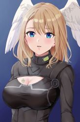 Rule 34 | 1girl, amayo thranana, black bodysuit, black choker, black jacket, blue eyes, bodysuit, breast tattoo, breasts, choker, cleavage, eunie (xenoblade), head wings, highres, hood, jacket, large breasts, long hair, long sleeves, looking at viewer, open clothes, open jacket, solo, tattoo, white wings, wings, xenoblade chronicles (series), xenoblade chronicles 3