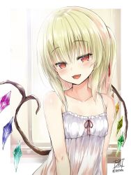 Rule 34 | 1girl, :d, artist name, bare arms, bare shoulders, blonde hair, blush, border, breasts, camisole, collarbone, commentary request, crystal, fangs, flandre scarlet, frills, hair between eyes, hair ribbon, head tilt, looking at viewer, no headwear, one side up, open mouth, outside border, red eyes, red ribbon, ribbon, signature, small breasts, smile, solo, spaghetti strap, tirotata, touhou, twitter username, upper body, white border, window, wings
