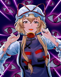 Rule 34 | 1girl, absurdres, blonde hair, breasts, buhbuhbored, crime prevention buzzer, emphasis lines, highres, large breasts, orange eyes, shukusei!! loli-gami requiem, sidelocks, smile, solo, tabard, touhou, upper body, wide sleeves, yakumo yukari