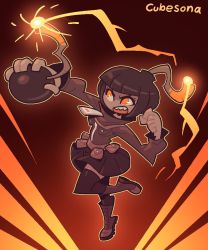 Rule 34 | 1girl, artist name, belt, blunt bangs, bob cut, bomb, boots, brown background, brown belt, brown footwear, brown hair, brown jacket, brown theme, brown thighhighs, character request, clenched hand, commentary, commission, copyright request, cubesona, dark-skinned female, dark skin, english commentary, explosive, fuse, glowing, high collar, holding, holding bomb, jacket, jaggy lines, leg up, lit fuse, long sleeves, looking up, miniskirt, open mouth, orange eyes, outline, pleated skirt, sharp teeth, short hair, signature, skirt, solo, teeth, thighhighs, upper teeth only, zettai ryouiki, zipper, zipper pull tab