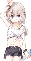 Rule 34 | 1girl, arm up, bare shoulders, black shorts, blue eyes, blush, bottle, collarbone, commentary request, crop top, grey hair, grin, hair between eyes, hair ornament, hairclip, highres, holding, holding bottle, long hair, looking at viewer, navel, original, red girl (yuuhagi (amaretto-no-natsu)), short shorts, shorts, simple background, smile, solo, strap slip, tank top, water bottle, white background, white tank top, yuuhagi (amaretto-no-natsu)