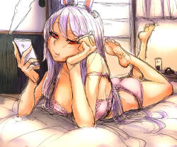Rule 34 | 1girl, animal ears, bakuya, barefoot, bed, bored, bra, rabbit ears, cellphone, highres, lace, lace-trimmed bra, lace-trimmed panties, lace trim, lingerie, long hair, lying, on stomach, panties, phone, pink bra, pink hair, pink panties, red eyes, reisen udongein inaba, sketch, solo, touhou, underwear, underwear only