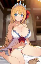 Rule 34 | 1girl, ahoge, babydoll, bare arms, bare legs, barefoot, bikini, blue eyes, blurry, blurry background, blush, bow, bra, braid, breasts, chromatic aberration, closed mouth, coin, crown, depth of field, hand up, highres, implied prostitution, large breasts, long hair, looking at viewer, navel, on bed, ootomo takuji, orange hair, panties, pecorine (princess connect!), pecorine (summer) (princess connect!), princess connect!, red bow, saliva, side braid, sitting, smile, solo, stomach, sweat, swimsuit, underwear, very long hair, wariza, white bikini, white bra, white panties