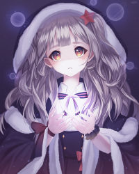 Rule 34 | 1girl, artist name, blush, bow, bowtie, coat, commentary, dark background, fur-trimmed coat, fur trim, glowing, grey hair, hair ornament, head tilt, highres, hood, hooded coat, inosia, long hair, neck ribbon, original, parted lips, red eyes, ribbon, saturn (planet), scrunchie, solo, star (symbol), star hair ornament, star print, striped bow, striped bowtie, striped clothes, striped neckwear, striped ribbon, symbol-only commentary, upper body, wing collar, wrist scrunchie, wristband