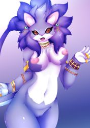 Rule 34 | 1girl, absurdres, alternate form, animal ears, armlet, black sclera, bracelet, breasts, cat ears, cat girl, cat tail, claws, colored sclera, earrings, fangs, furry, highres, isabella (seiken densetsu 3), jewelry, necklace, nipples, open mouth, plushcrochet, purple fur, purple hair, pussy, red eyes, ring, seiken densetsu, seiken densetsu 3, slit pupils, tail