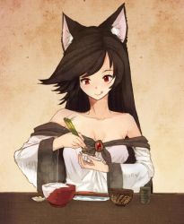 Rule 34 | 1girl, :q, animal ears, bad id, bad twitter id, bare shoulders, bowl, brown hair, chopsticks, cup, dress, food, imaizumi kagerou, jewelry, long hair, long sleeves, looking down, nattou, off shoulder, plate, red eyes, rice, rice bowl, simple background, smile, solo, table, teacup, tongue, tongue out, touhou, urin, wide sleeves, wolf ears, yunomi