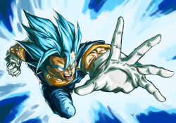 Rule 34 | 1boy, aura, blue eyes, blue hair, clenched hand, close-up, dougi, dragon ball, dragon ball super, earrings, gloves, highres, incoming attack, jewelry, male focus, muscular, muscular male, open hand, open mouth, orange shirt, outstretched arm, potara earrings, reaching, shirt, shouting, solo, spiked hair, stynl f, super saiyan, super saiyan blue, teeth, v-shaped eyebrows, vegetto, veins, white gloves, wide-eyed