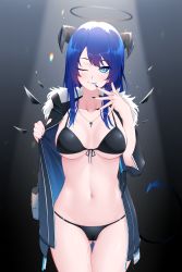 Rule 34 | 1girl, ;p, absurdres, arknights, bikini, black bikini, black coat, black nails, blue eyes, blue hair, blue tongue, breasts, cameltoe, cleft of venus, coat, collarbone, colored tongue, commentary request, cowboy shot, demon girl, demon horns, demon tail, detached wings, front-tie bikini top, front-tie top, gluteal fold, halo, highres, horns, large breasts, long hair, long sleeves, looking at viewer, mostima (arknights), nail polish, navel, necktie, one eye closed, open clothes, open coat, pouch, solo, spotlight, stomach, string bikini, swimsuit, tail, thigh gap, tongue, tongue out, underboob, wings, z.taiga