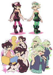 Rule 34 | + +, 2girls, aged down, ankle boots, black dress, black footwear, boots, brown eyes, callie (splatoon), casual, character name, closed eyes, comic, cousins, denim, detached collar, dress, earrings, fangs, gloves, gomipomi, halterneck, holding, holding hands, holding microphone, inkling, japanese clothes, jeans, jewelry, kimono, laughing, long hair, looking back, marie (splatoon), mask, microphone, multiple girls, nintendo, pants, pantyhose, parted lips, pink shirt, sandals, shirt, short dress, short hair, short jumpsuit, silent comic, sitting, standing, strapless, strapless dress, sweat, tabi, tentacle hair, white gloves