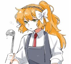 Rule 34 | 1girl, alternate hairstyle, apron, black apron, bow, collared shirt, commentary, green eyes, hair bow, hair up, high ponytail, holding, holding ladle, ishmael (project moon), ladle, limbus company, long hair, long sleeves, looking at viewer, necktie, orange hair, parted lips, project moon, red necktie, rnaro maro, shirt, sidelocks, simple background, solo, white background, white bow, white shirt