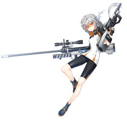 Rule 34 | 1girl, ankle boots, bike shorts, black footwear, black gloves, black jacket, black shorts, boots, breasts, closed mouth, closers, cropped jacket, dual wielding, expressionless, eyes visible through eyewear, fingerless gloves, floating hair, full body, gloves, grey hair, gun, hand up, highres, holding, holding gun, holding weapon, jacket, jumping, leg up, long hair, looking at viewer, low twintails, no pupils, official art, open clothes, open jacket, orange-tinted eyewear, orange eyes, puffy short sleeves, puffy sleeves, rifle, safety glasses, shirt, short sleeves, shorts, small breasts, sniper rifle, solo, tachi-e, tina (closers), tinted eyewear, twintails, weapon, white background, white shirt