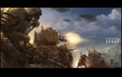 Rule 34 | 6+boys, aircraft, assault rifle, bad id, bad pixiv id, battle, cloud, dirigible, epic, firing, gas mask, gloves, gun, highres, holding, holding gun, holding weapon, letterboxed, male focus, mask, military, military vehicle, motor vehicle, multiple boys, original, prog wang, rifle, sky, steampunk, tank, vehicle, war, weapon